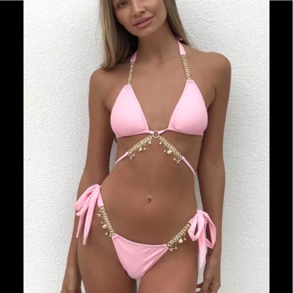 Beach charm and rhinestone string bikini.